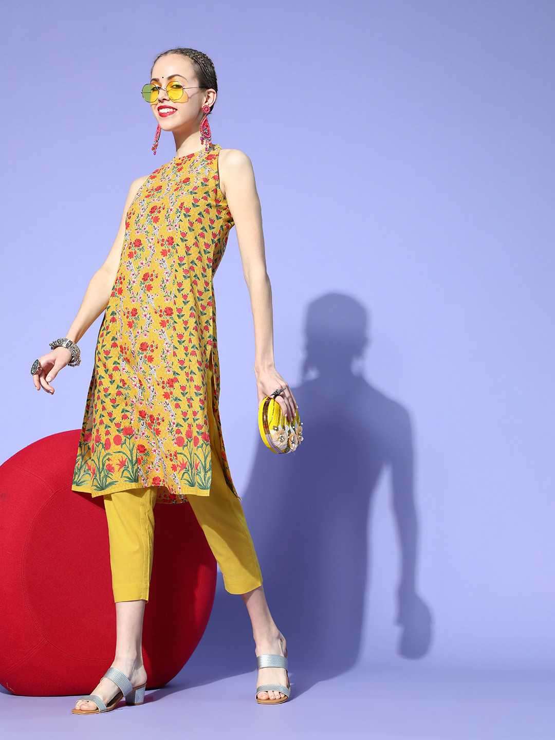 

Sangria Ethnic Motifs Cotton Blend New Neckline Kurta Set, Yellow