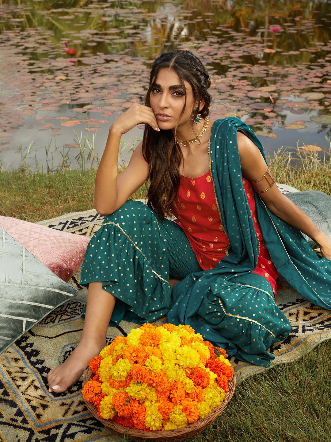 

Sangria Women Red & Golden Ethnic Motifs Printed Kurta with Sharara & With Dupatta