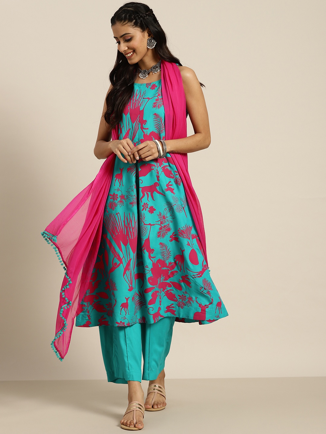 

Sangria Women Green & Pink Quirky Printed Kurta with Palazzos & Dupatta