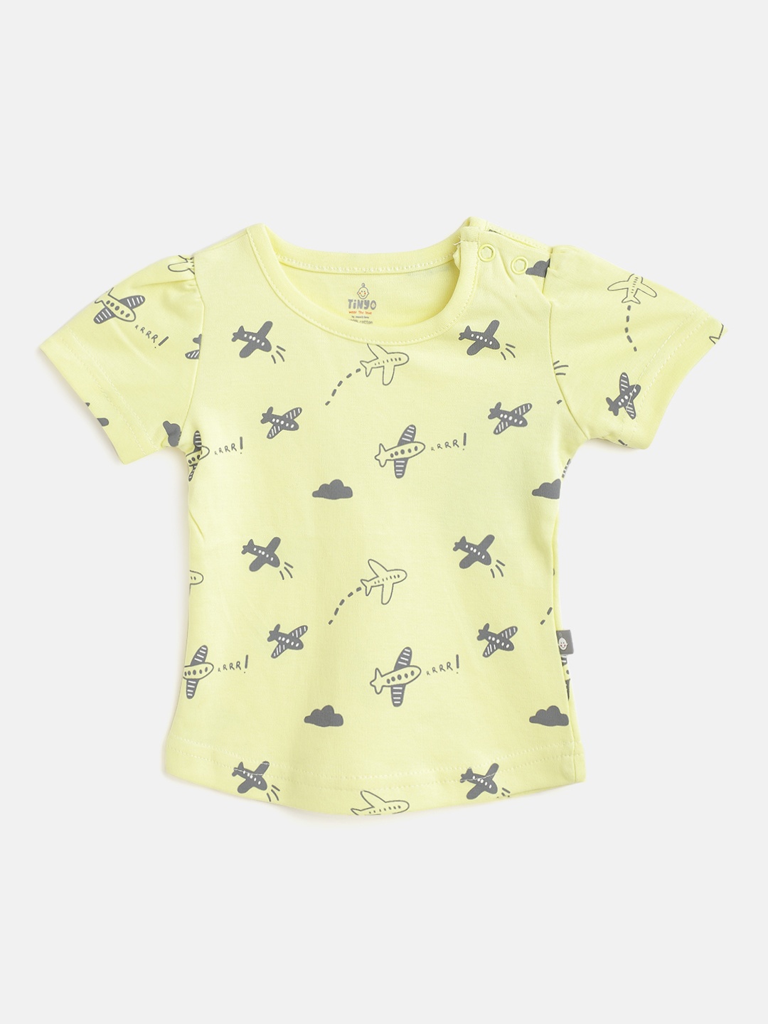 

TINYO Infant Girls Yellow & Charcoal Grey Conversational Printed Cotton T-shirt