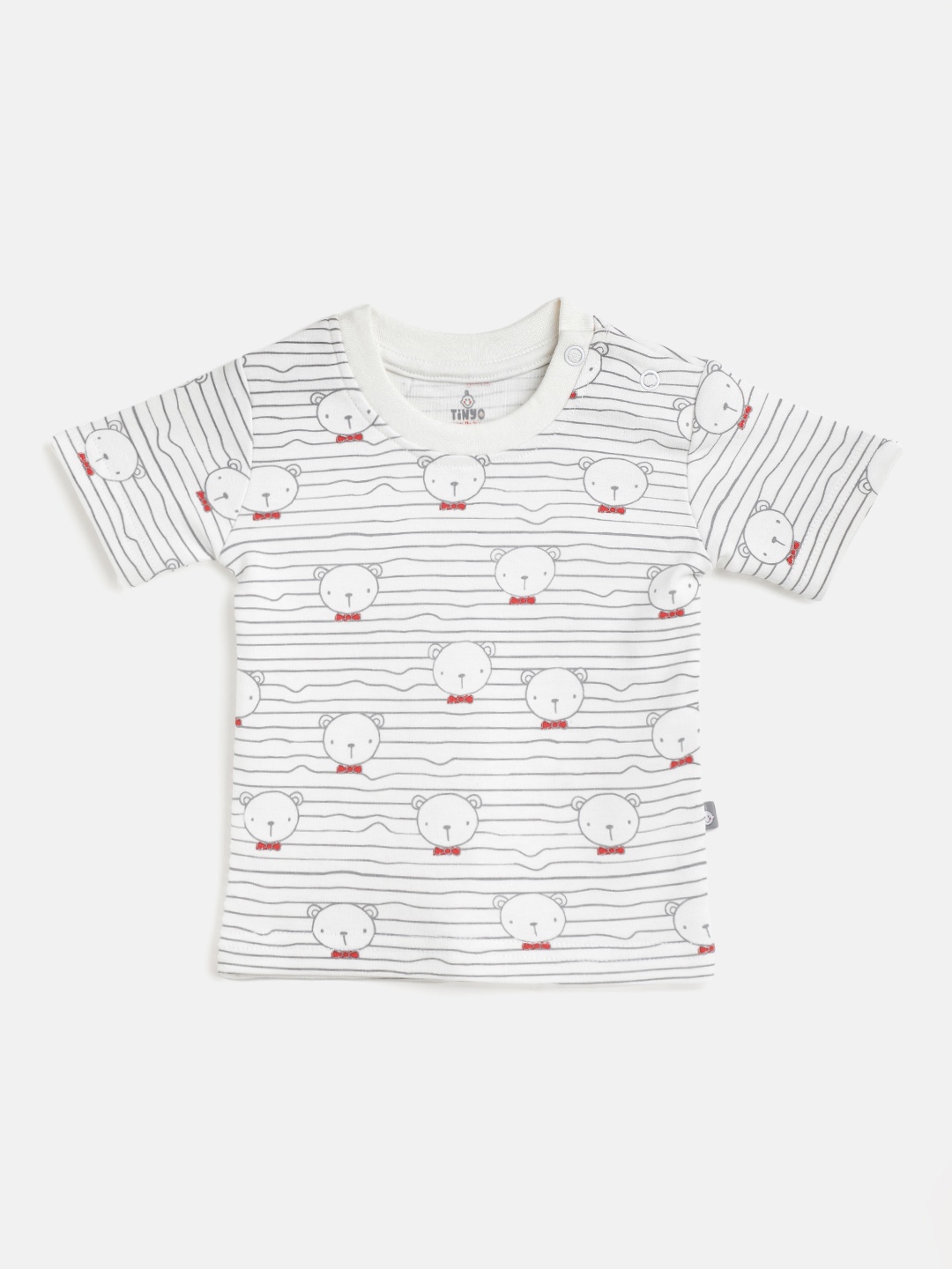 

TINYO Infant Boys Off White & Grey Striped & Conversational Print Cotton T-shirt