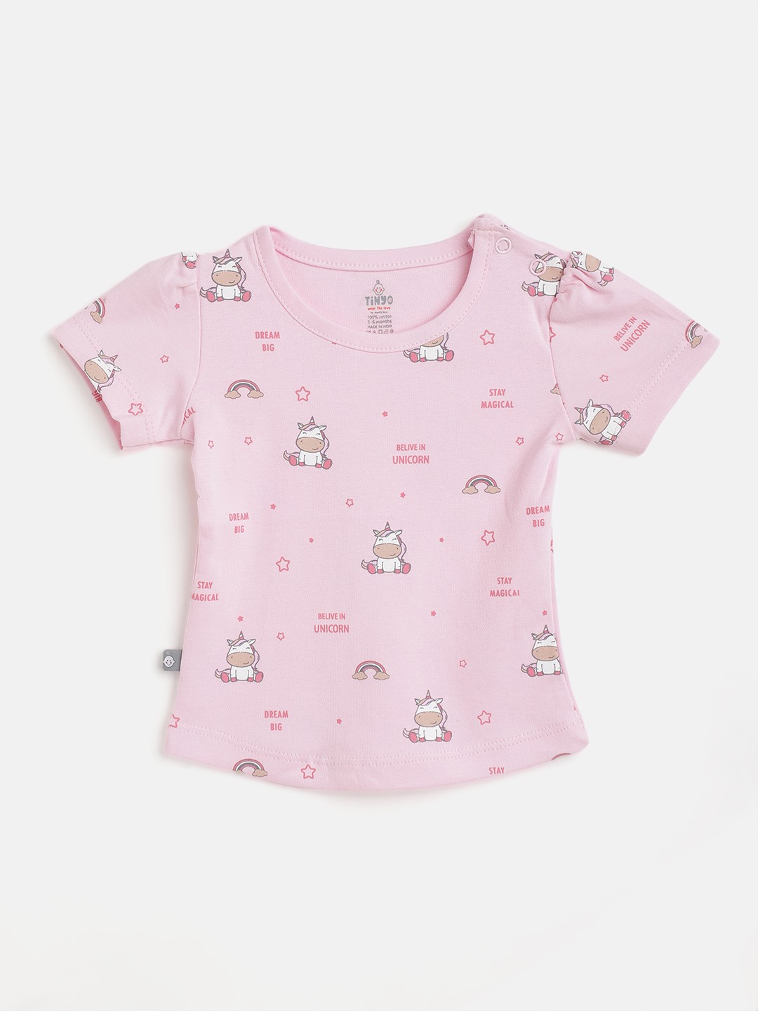 

TINYO Infant Girls Pink & Brown Cotton Unicorn Printed T-shirt