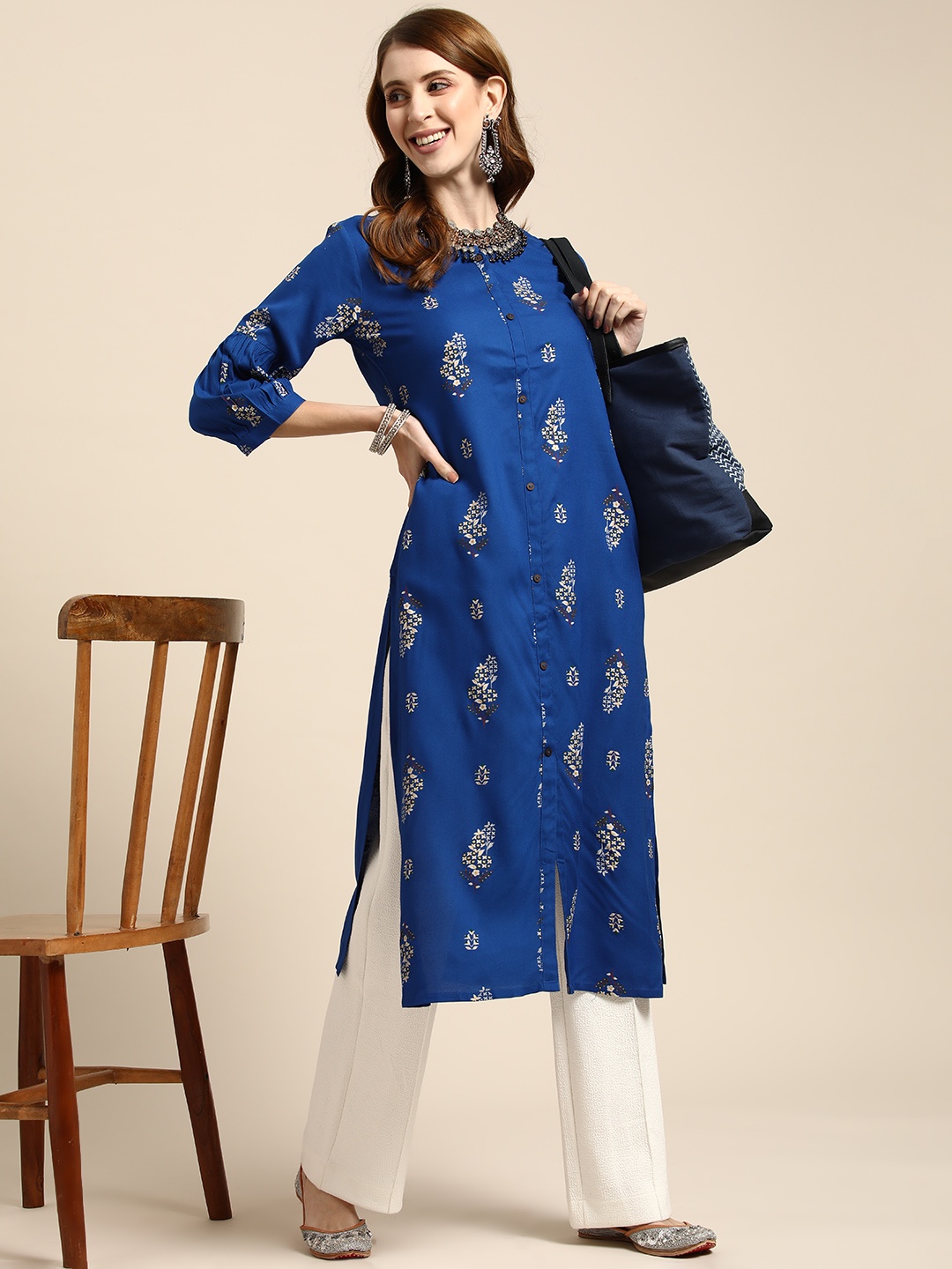 

Sangria Women Navy Blue Ethnic Motifs Printed Kurta