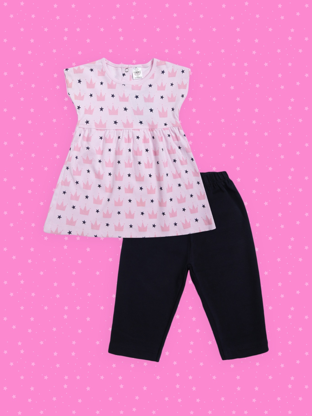

TINYO Girls Pink & Navy Blue Printed Pure Cotton Co-Ord Set