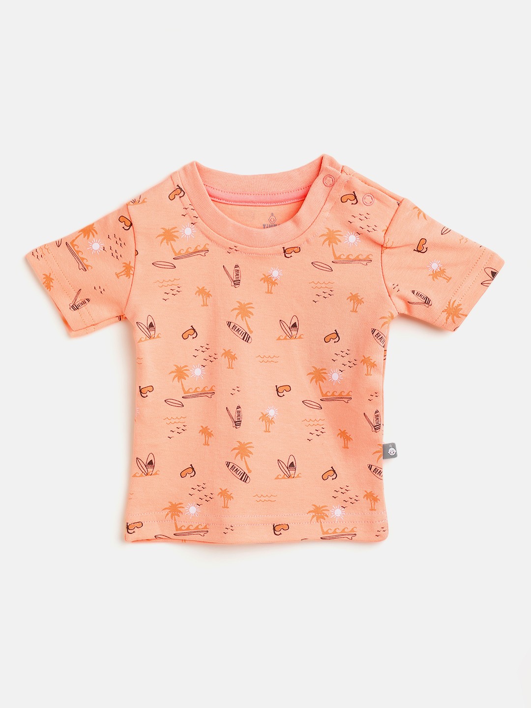

TINYO Infant Boys Peach-Coloured & Navy Blue Tropical Printed Cotton T-shirt