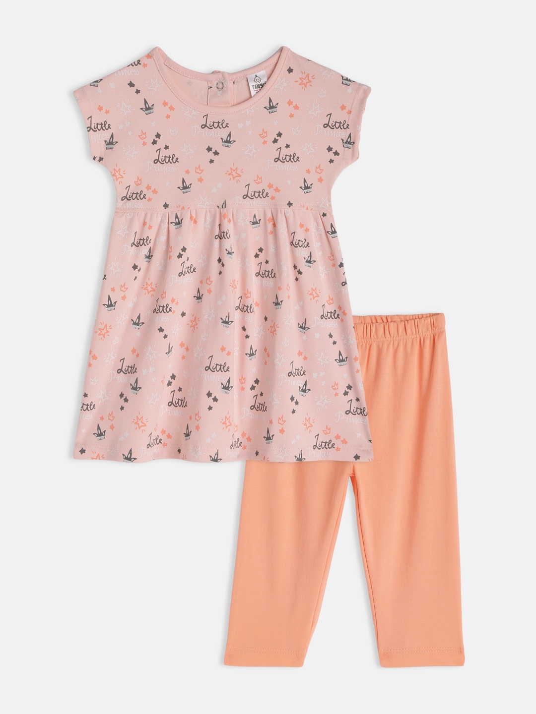 

TINYO Girls Pink & Coral Orange Typography & Conversational Print Top with Pyjamas