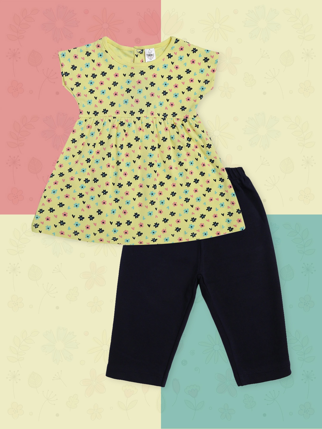 

TINYO Girls Yellow & Navy Blue Printed Pure Cotton Co-Ord Set