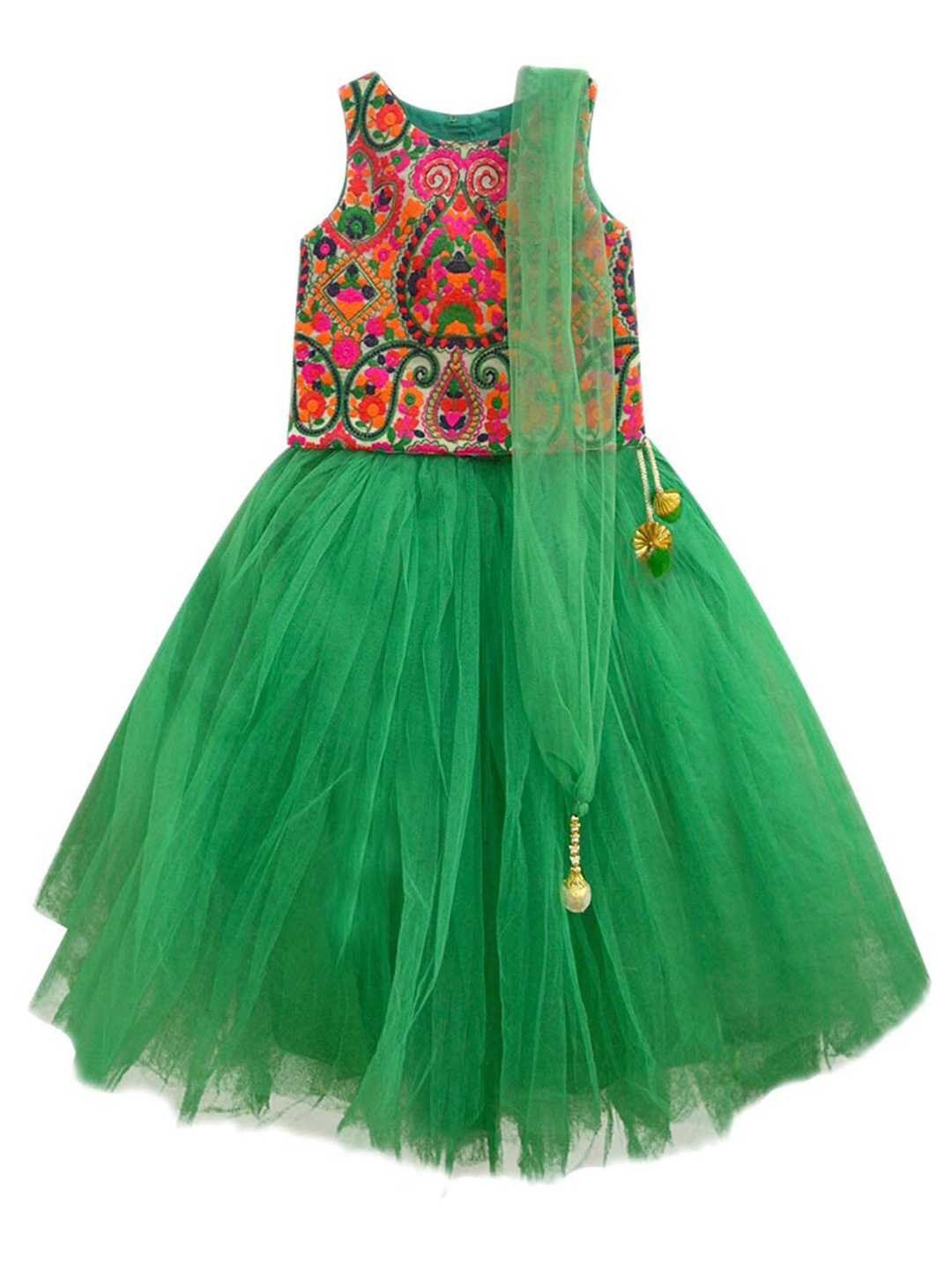 

A.T.U.N. Girls Green & Pink Embroidered Ready to Wear Lehenga & Blouse With Dupatta