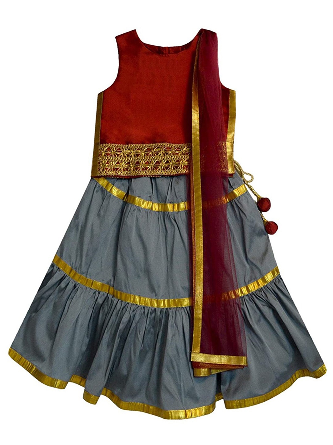 

A.T.U.N. Girls Grey & Maroon Embroidered Ready to Wear Lehenga & Blouse With Net Dupatta