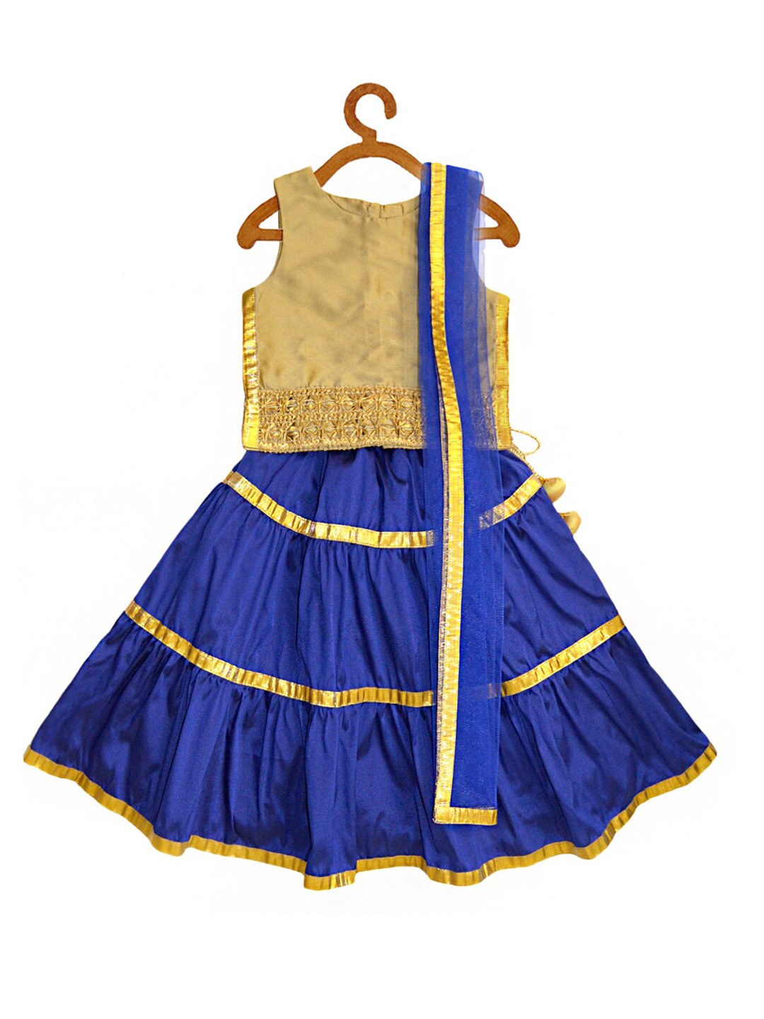 

A T U N Girls Blue & Gold-Toned Embellished Ready to Wear Lehenga & Blouse With Dupatta