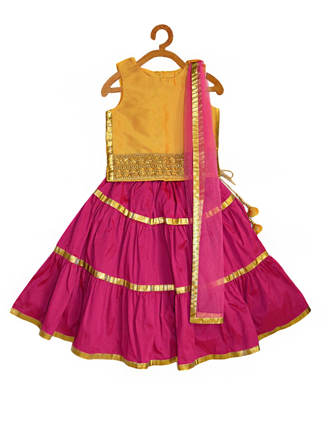 

A T U N Girls Yellow & Fuchsia Embellished Ready to Wear Lehenga & Blouse With Dupatta