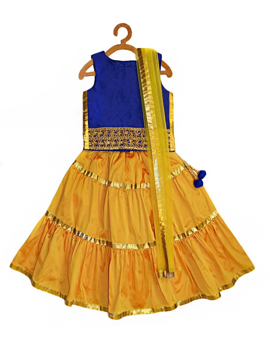 

A.T.U.N. Girls Blue & Yellow Embellished Ready to Wear Lehenga & Blouse With Net Dupatta