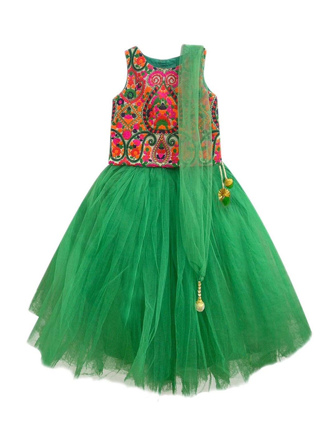 

A T U N Girls Green & Fuchsia Embroidered Thread Work Ready to Wear Lehenga & Blouse With Dupatta