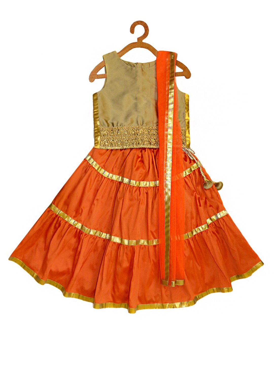 

A.T.U.N. Girls Orange & Gold-Coloured Ready to Wear Lehenga & Blouse With Dupatta