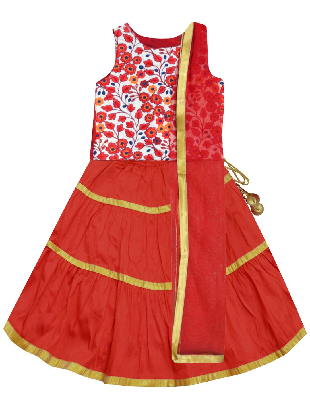 

A.T.U.N. Girls Red & White Embroidered Ready to Wear Lehenga & Blouse With Dupatta