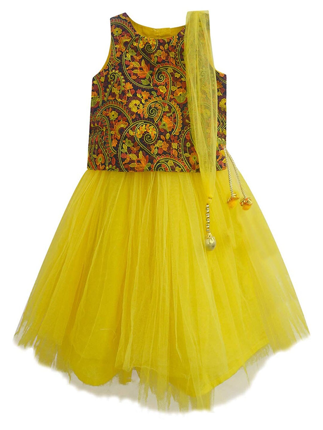 

A T U N Girls Yellow & Orange Embroidered Thread Work Ready to Wear Lehenga & Blouse With Dupatta