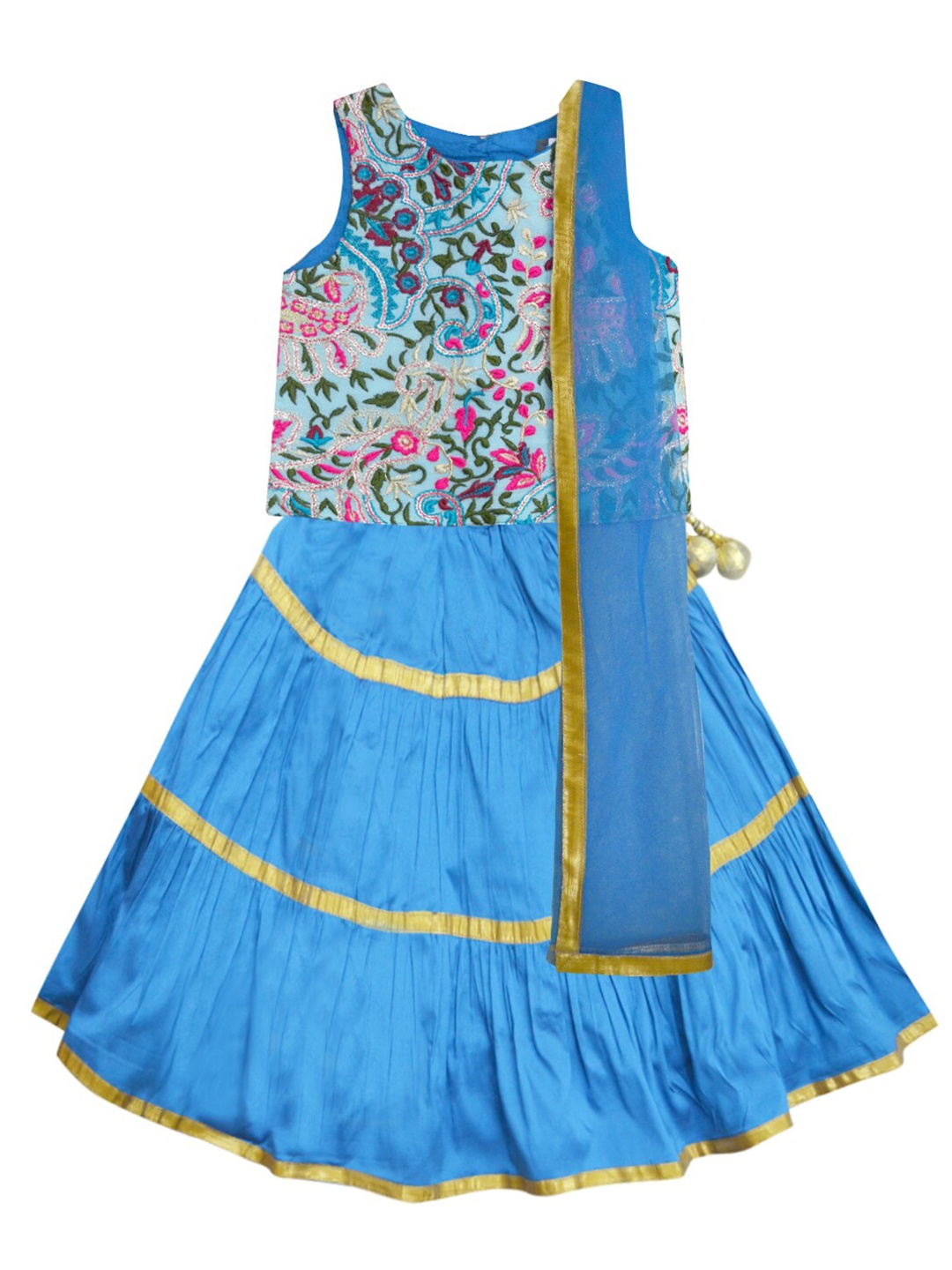 

A.T.U.N. Girls Blue & Fuchsia Embroidered Ready to Wear Lehenga & Blouse With Net Dupatta