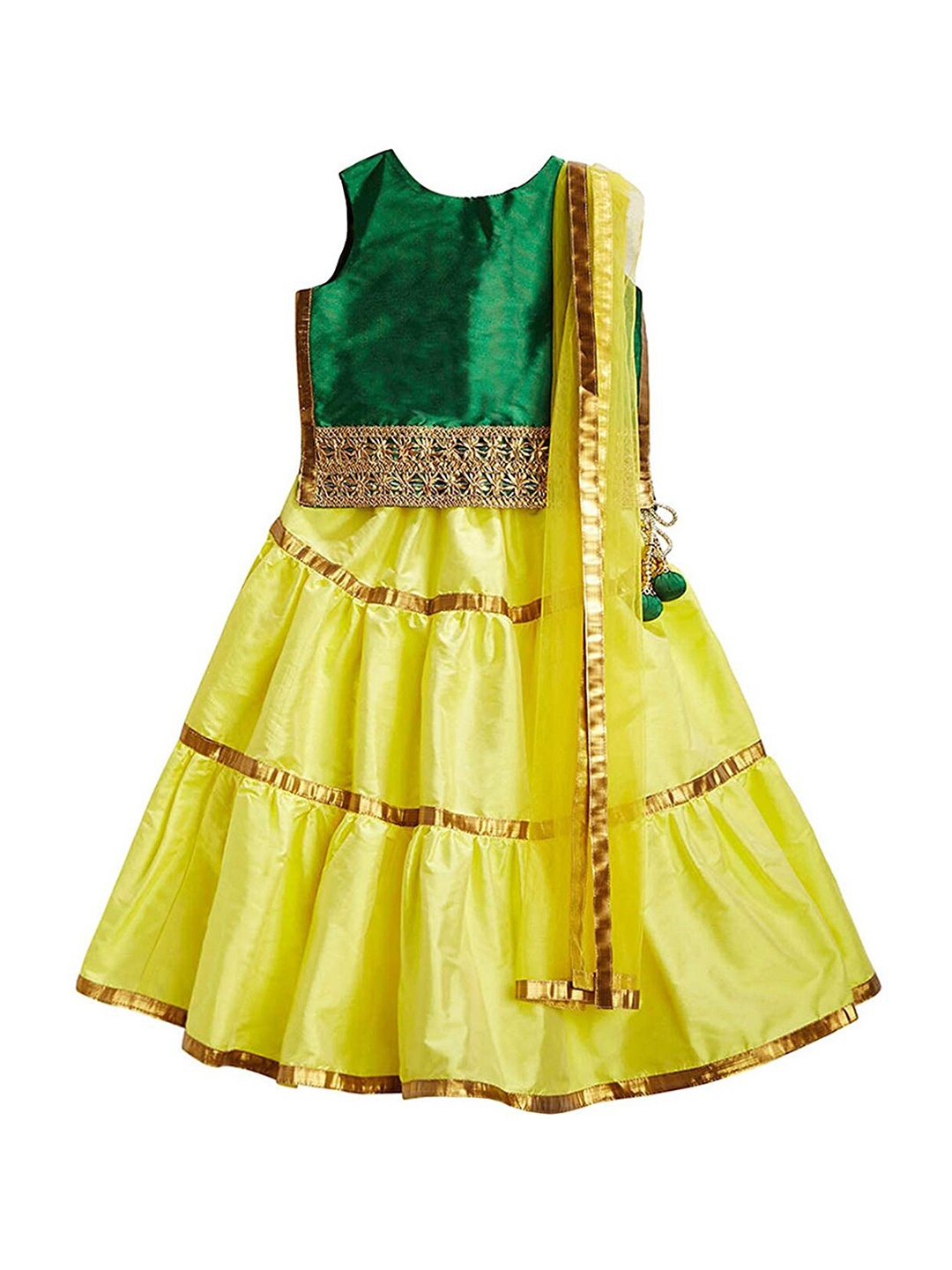 

A.T.U.N. Girls Yellow & Green Embellished Ready to Wear Lehenga & Blouse With Dupatta