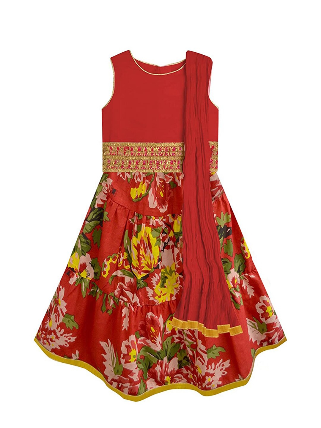 

A.T.U.N. Girls Red & Gold-Toned Cotton Ready to Wear Lehenga & Blouse With Dupatta