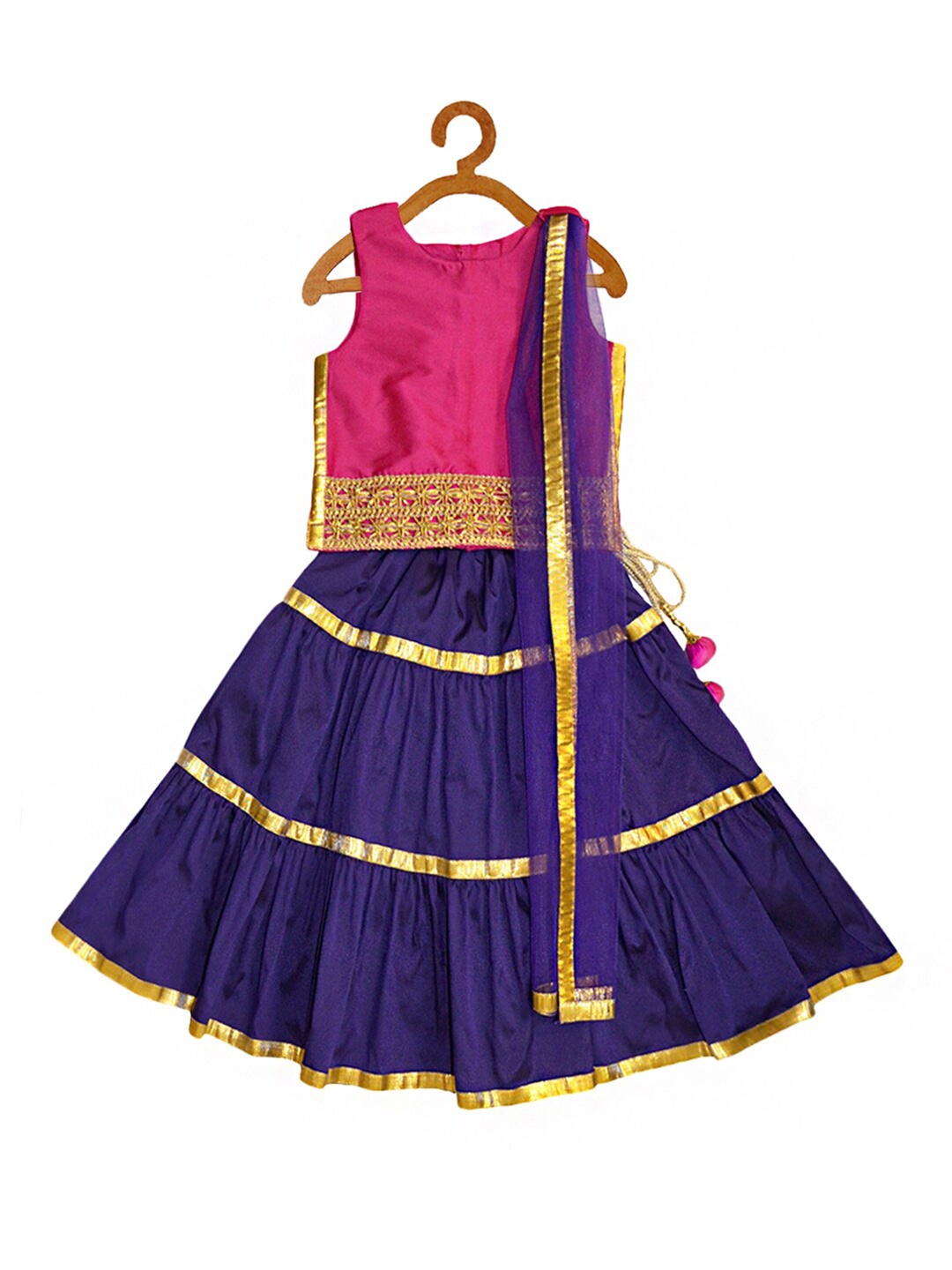 

A.T.U.N. Girls Purple & Pink Embellished Ready to Wear Lehenga & Blouse With Dupatta