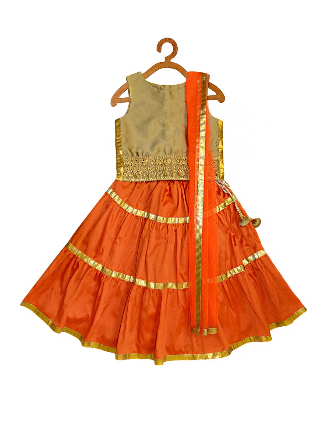 

A.T.U.N. Girls Orange & Gold-Coloured Ready to Wear Lehenga & Blouse With Dupatta