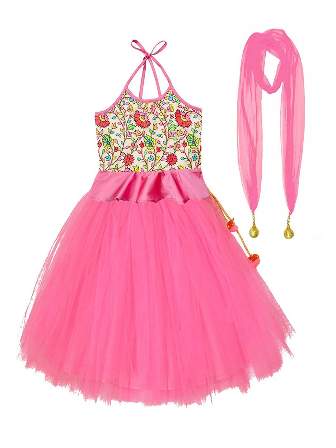 

A.T.U.N. Girls Pink & Cream-Coloured Ready to Wear Lehenga & Blouse With Dupatta