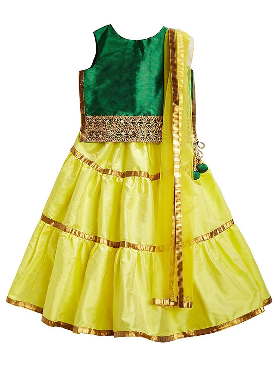 

A.T.U.N. Girls Yellow & Green Embellished Ready to Wear Lehenga & Blouse With Dupatta