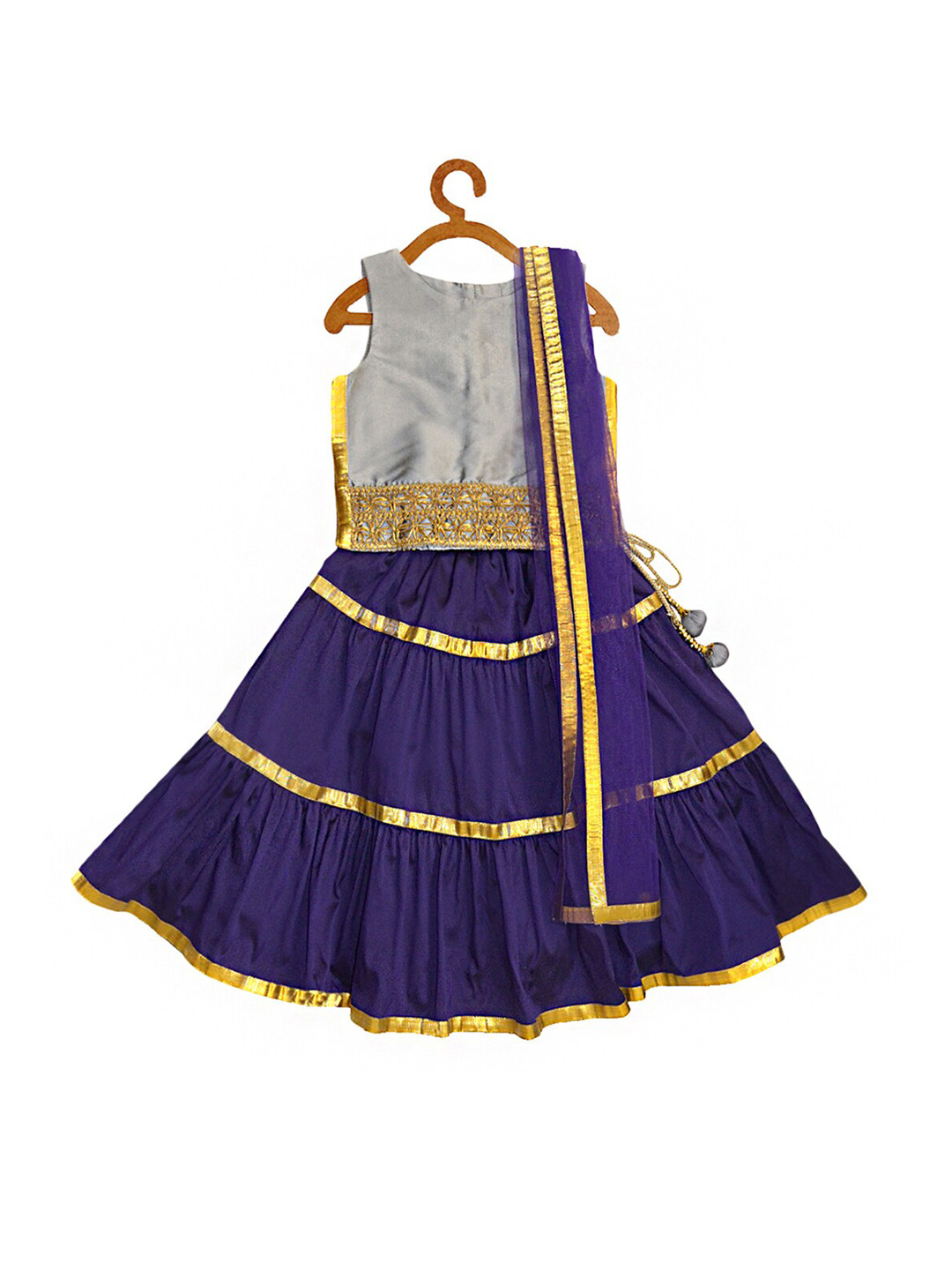 

A.T.U.N. Girls Navy Blue & Grey Embellished Ready to Wear Lehenga Blouse With Net Dupatta