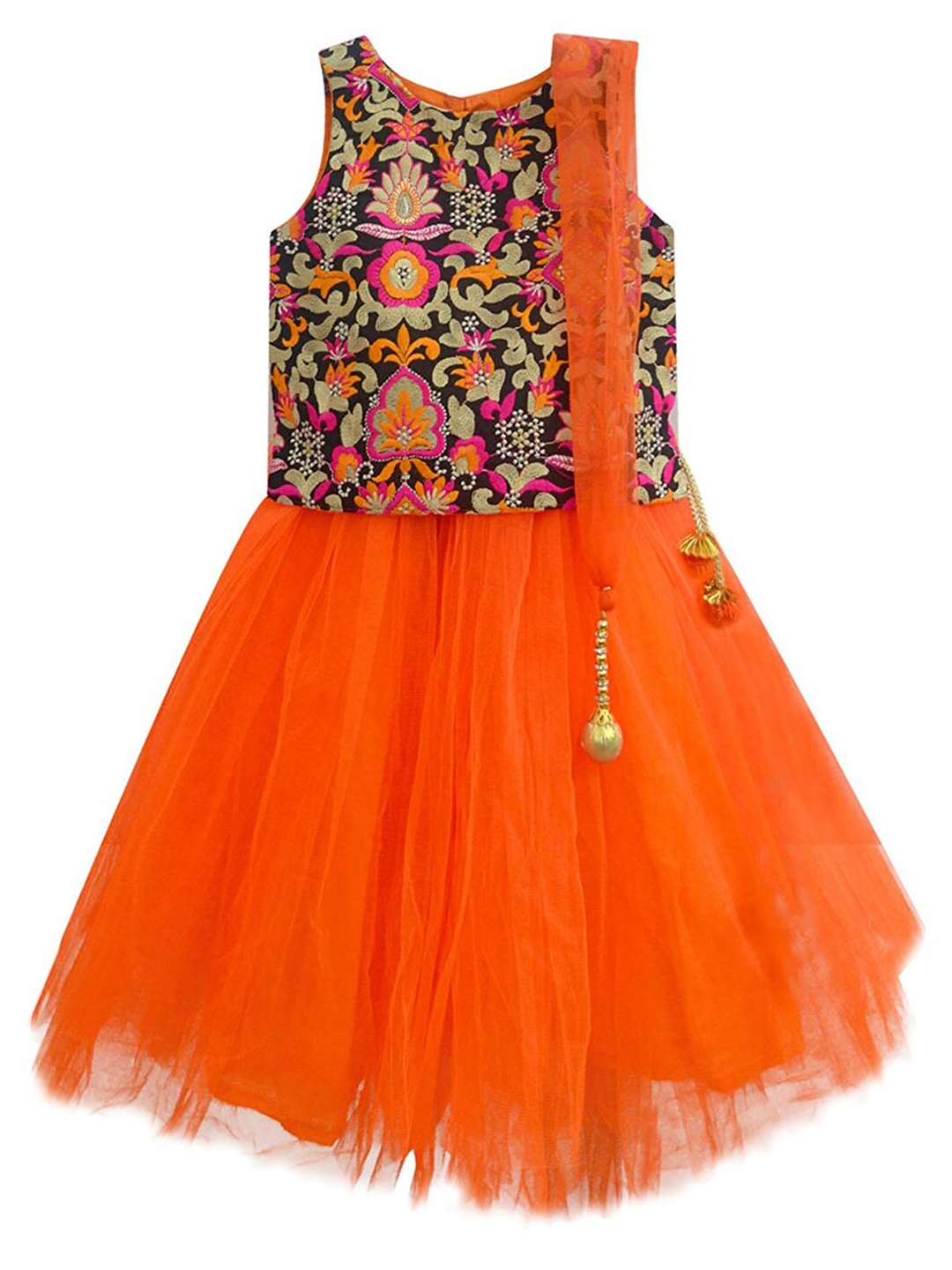 

A T U N Girls Orange & Fuchsia Embroidered Thread Work Ready to Wear Lehenga & Blouse With Dupatta