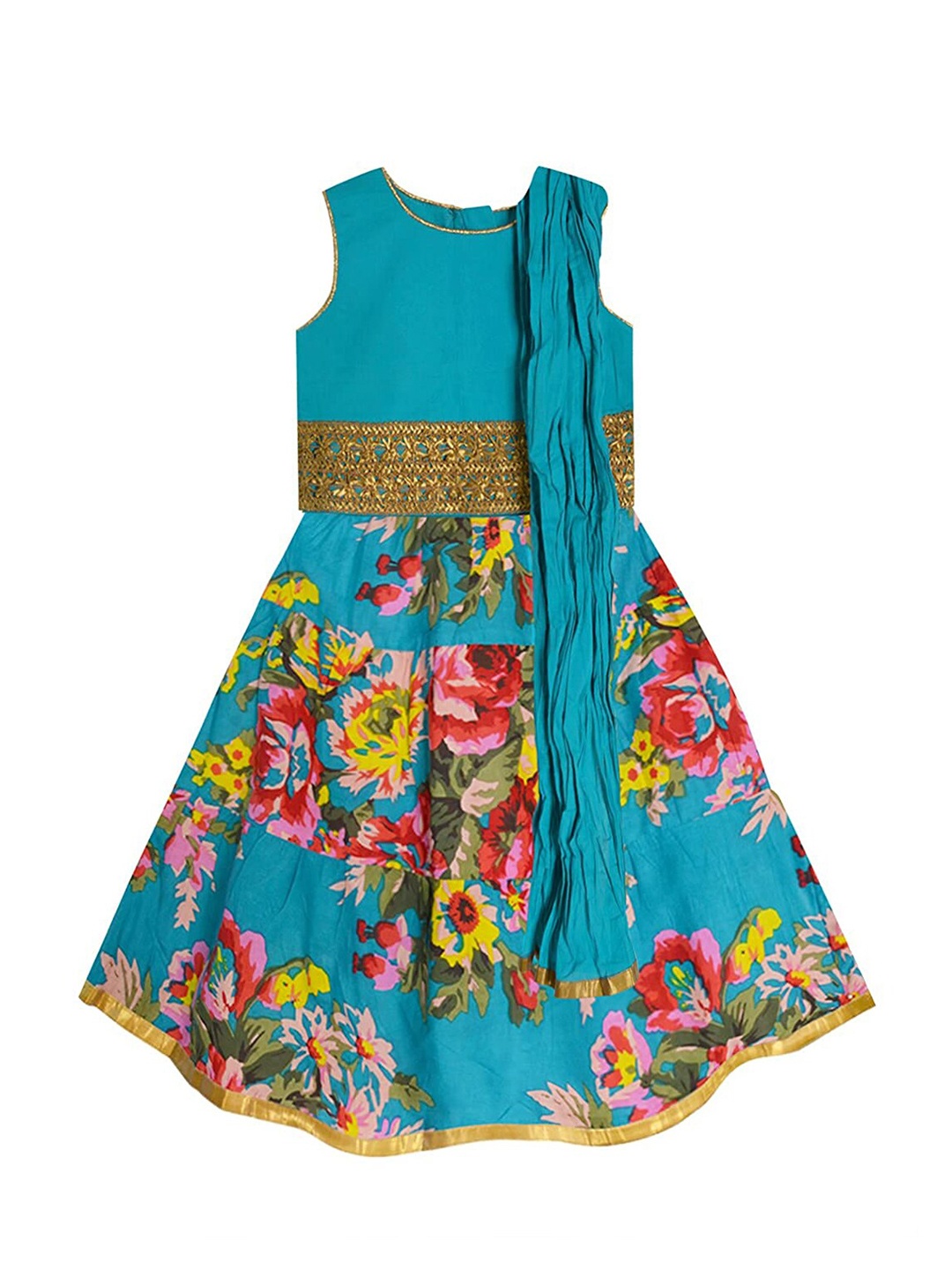 

A.T.U.N. Girls Teal & Red Embellished Ready to Wear Lehenga & Blouse With Dupatta