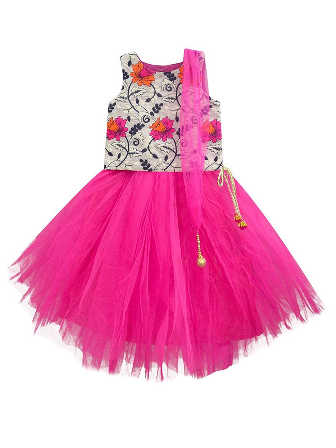 

A.T.U.N. Girls Fuchsia & Off White Embroidered Ready to Wear Lehenga Blouse & Net Dupatta