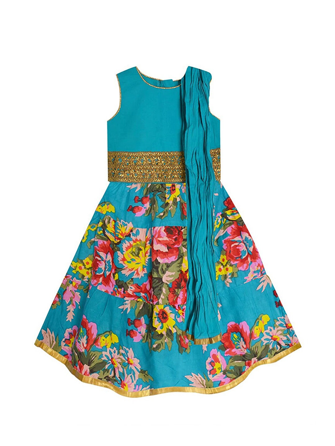 

A.T.U.N. Girls Teal Blue & Yellow Ready to Wear Pure Cotton Lehenga & Blouse With Dupatta