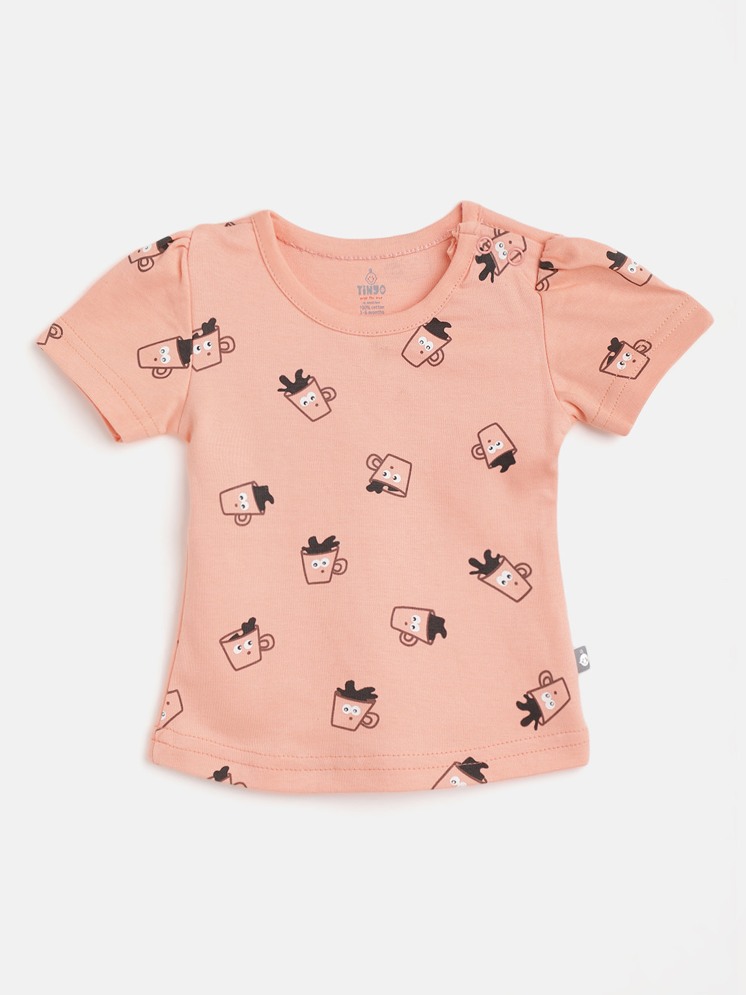 

TINYO Infant Girls Peach-Coloured & Coffee Brown Conversational Print Cotton T-shirt