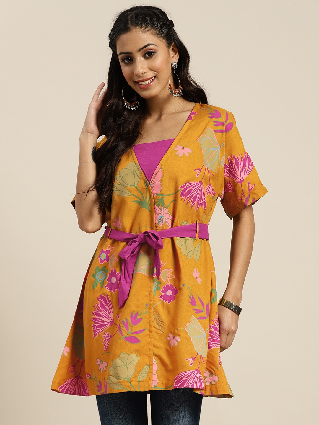 

Sangria Women Mustard Yellow & Purple Floral Printed Kurti