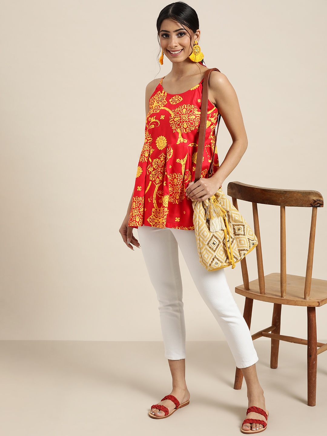 

Sangria Red & Yellow Ethnic Print Pleated A-Line Fusion Top