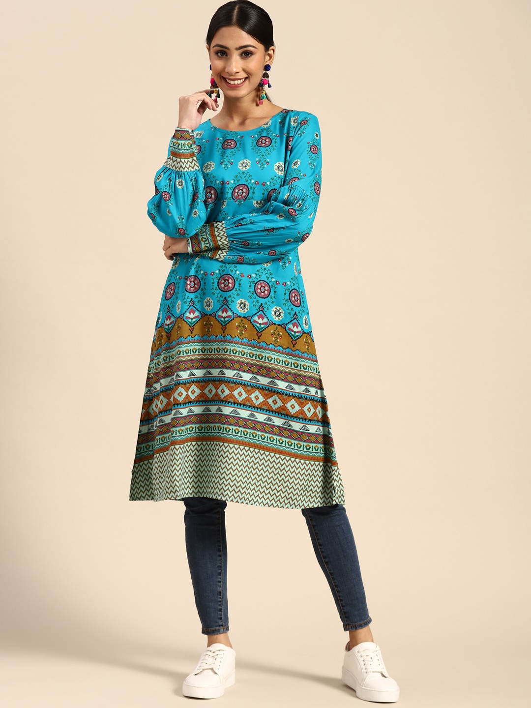 

Sangria Women Turquoise Blue & Green Ethnic Motifs Printed Kurta