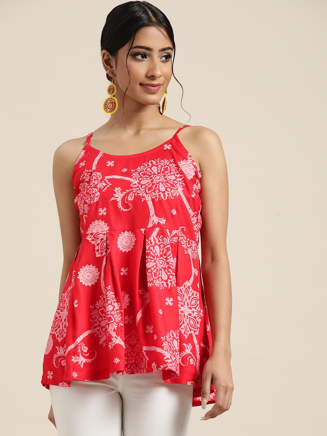 

Sangria Red & Pink Ethnic Print Pleated A-Line Fusion Top
