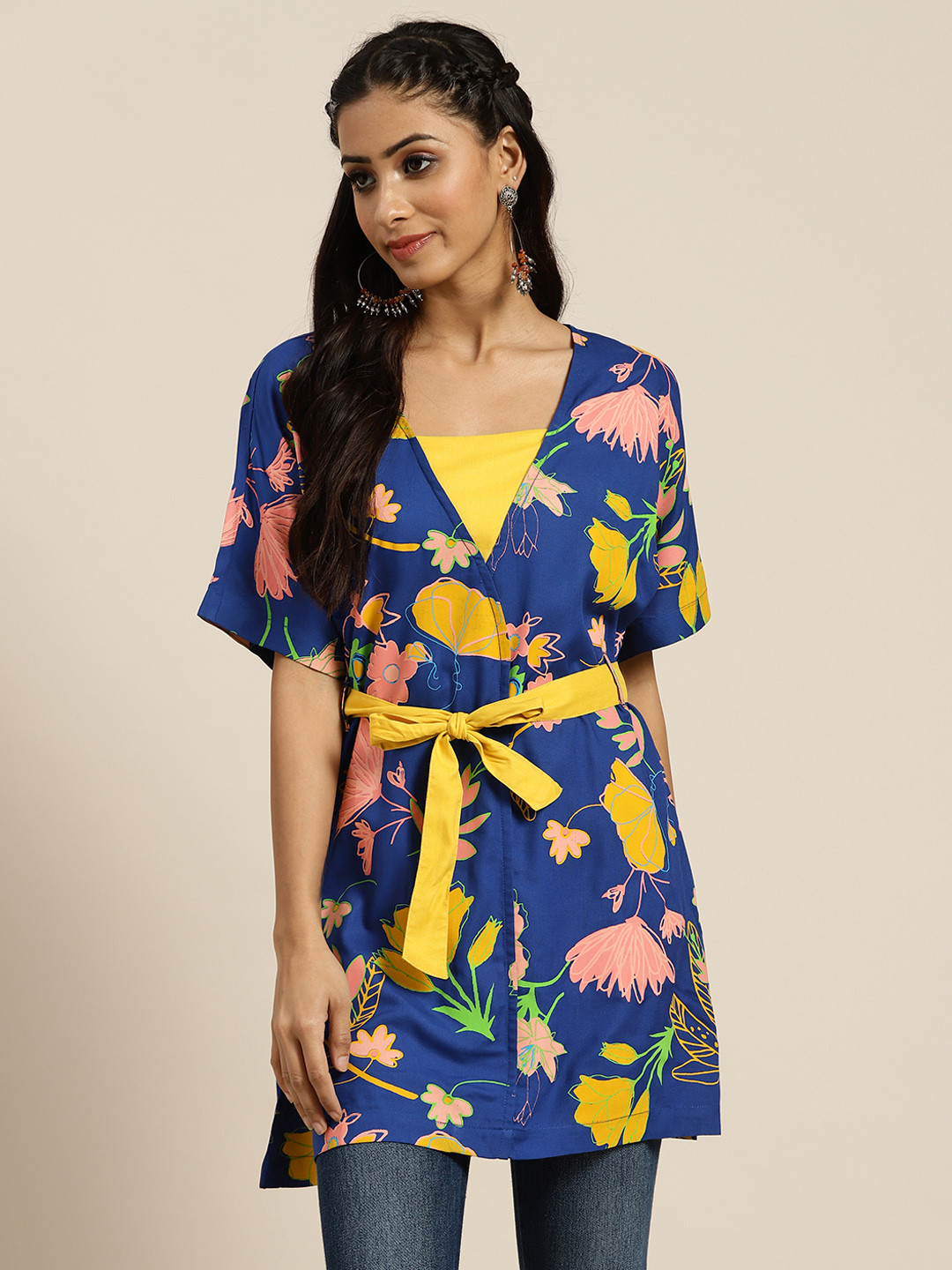 

Sangria Women Blue & Yellow Floral Printed Kurti