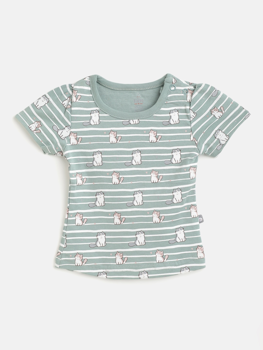 

TINYO Infant Girls Green & White Cotton Striped T-shirt