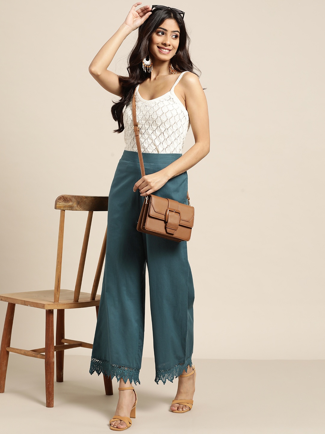 

Sangria Women Teal Blue Pure Cotton Solid Flared Ethnic Palazzos