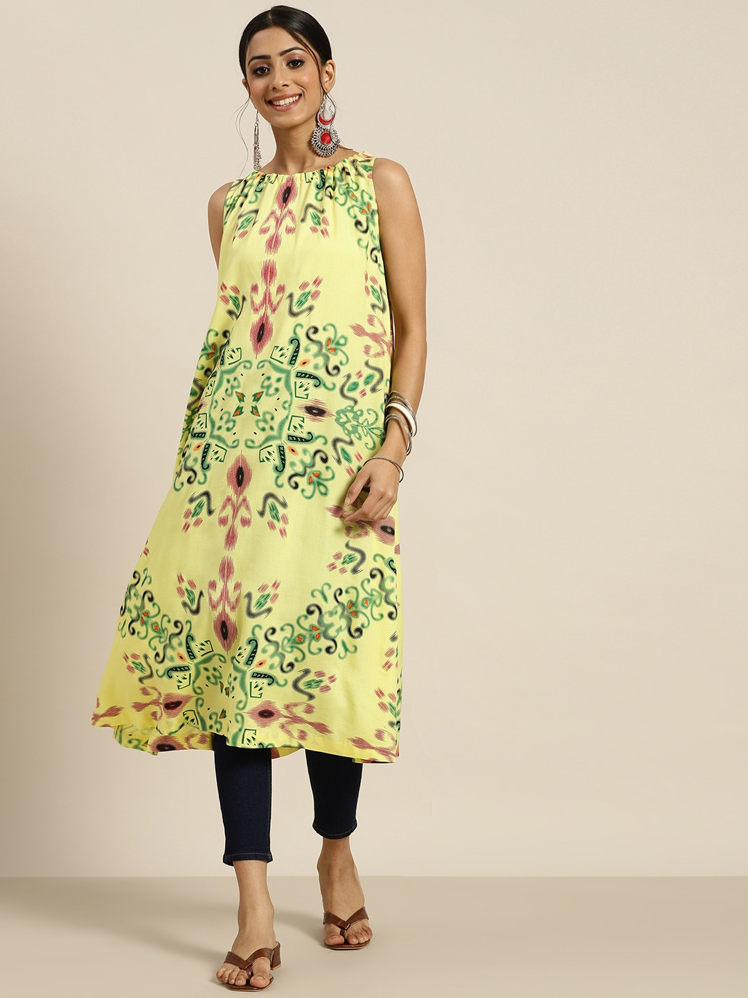 

Sangria Women Yellow & Green Floral Print A-Line Kurta