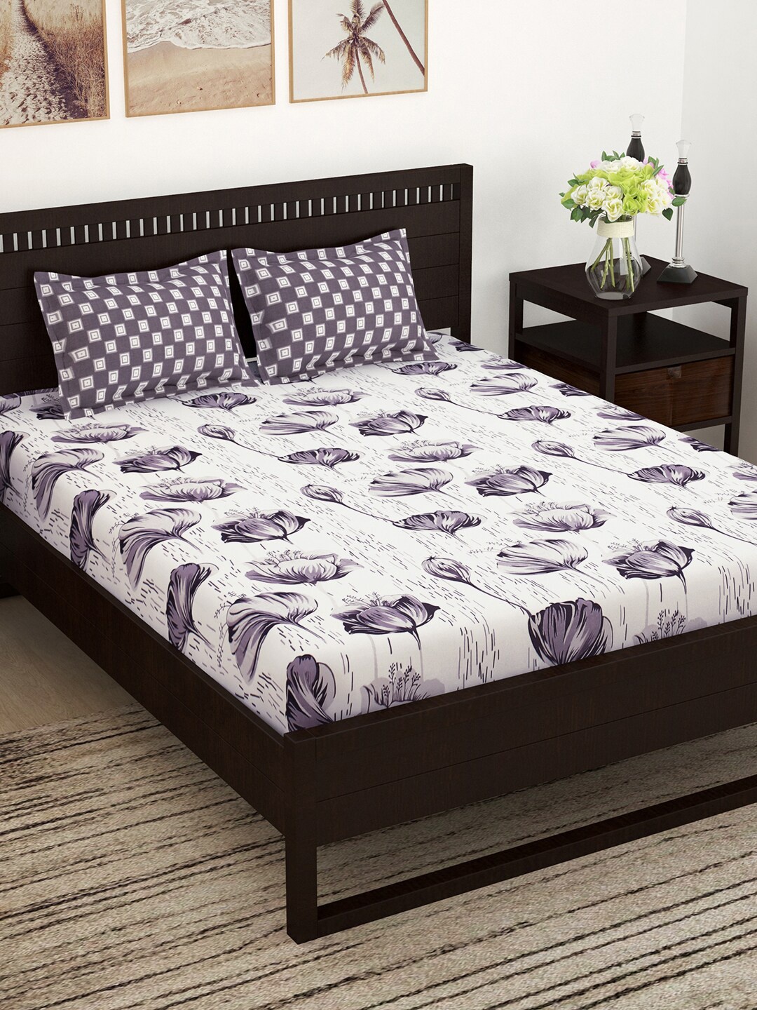 

Story@home White & Grey Floral 152 TC Cotton King Bedsheet with 2 Pillow Covers