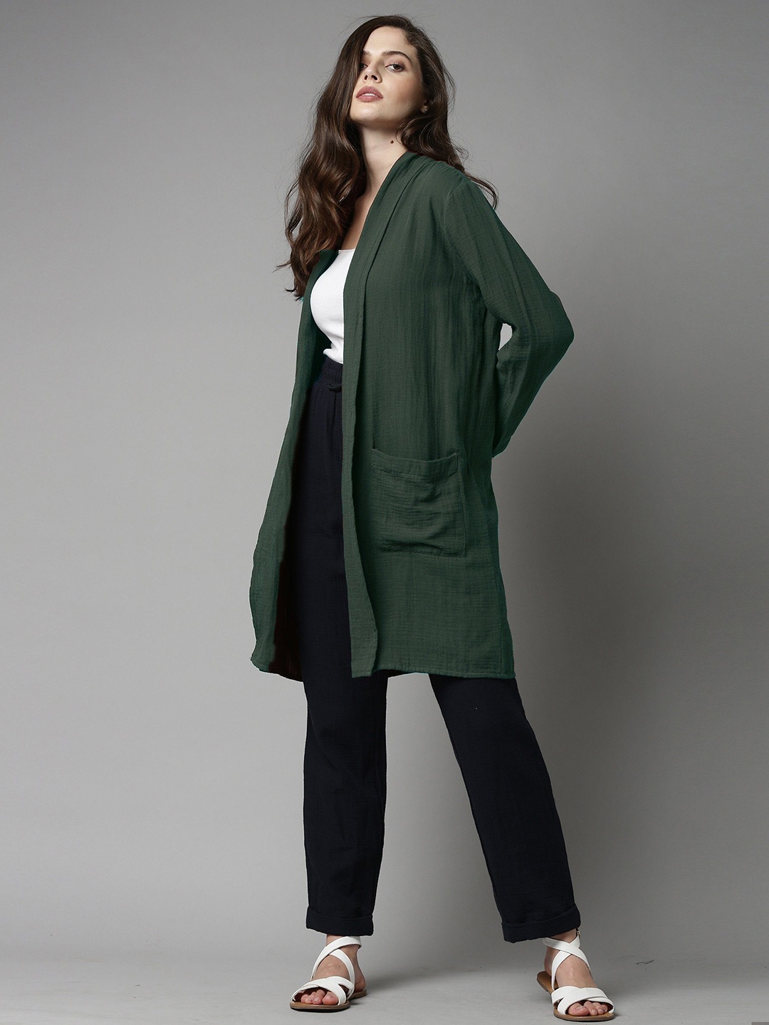 

RAREISM Women Green Cotton Longline Shrug