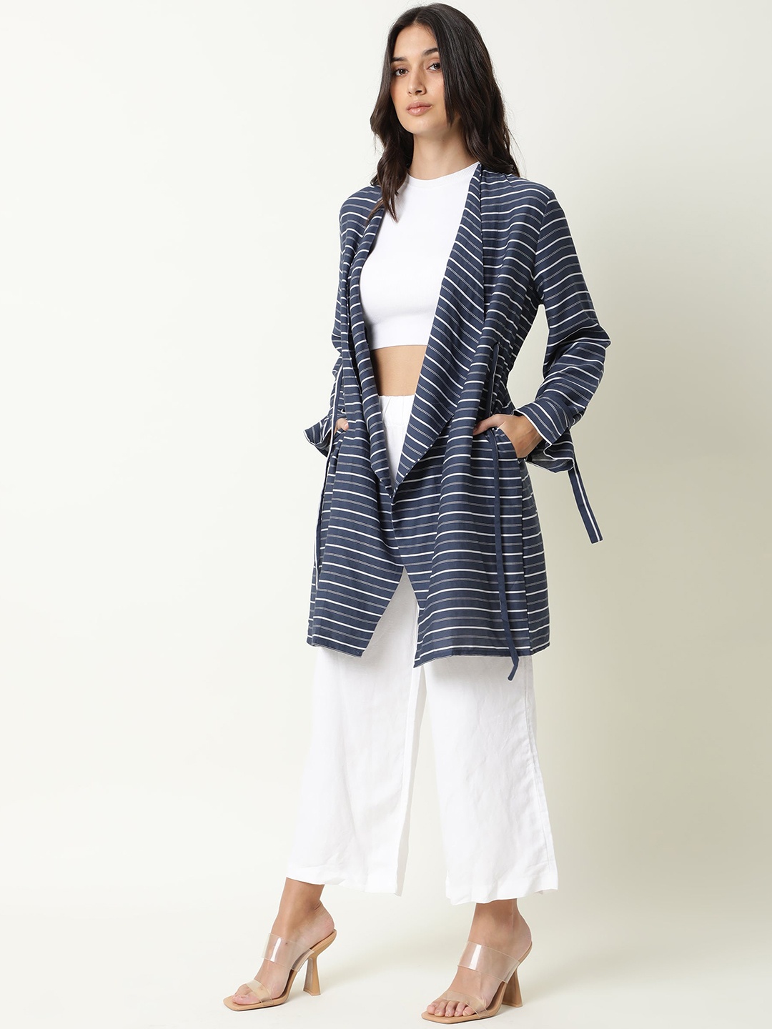 

RAREISM Women Navy Blue & White Striped Longline Shrug