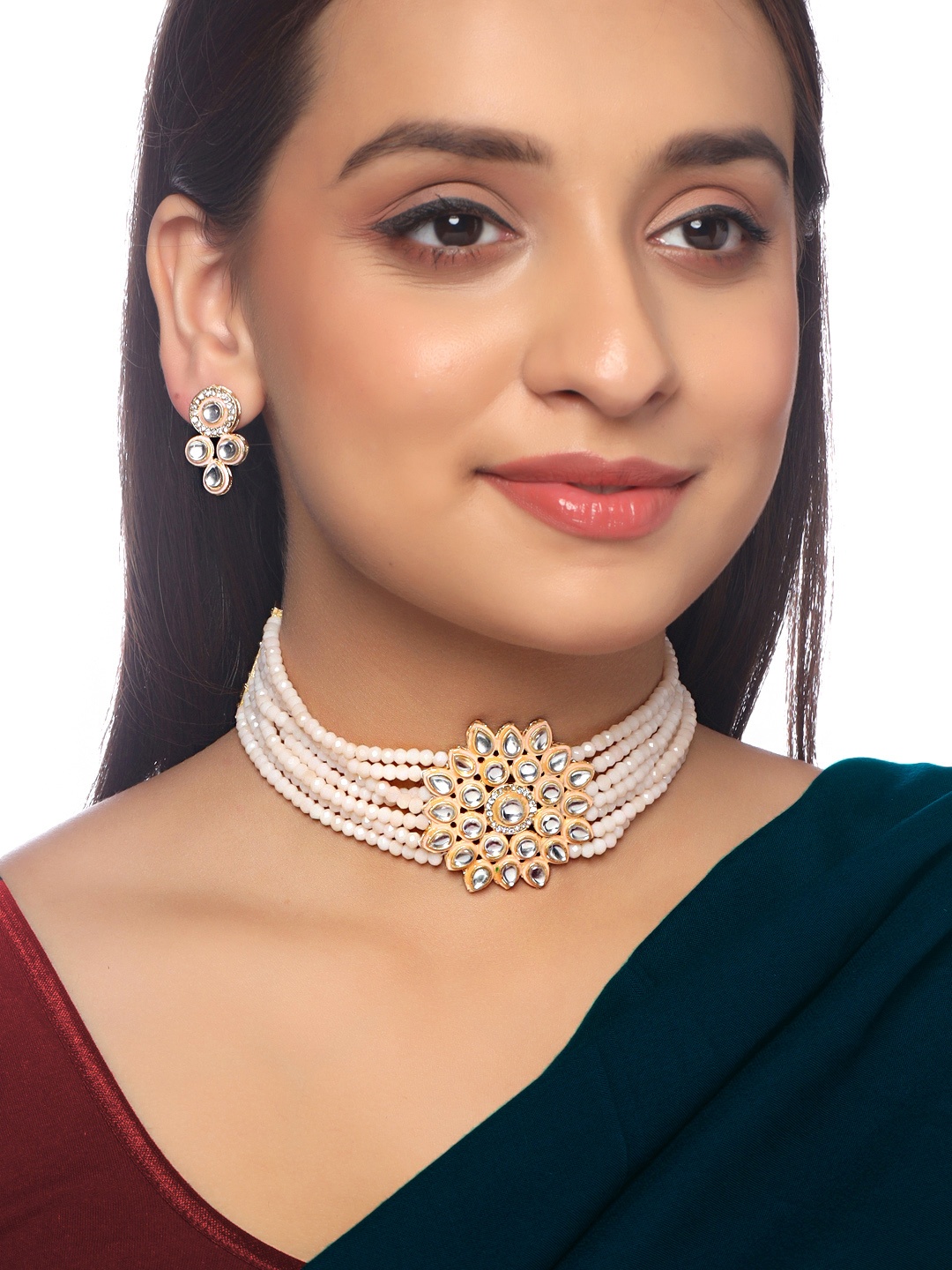 

Yellow Chimes Gold-Plated Peach-Coloured & White Kundan Studded & Beaded Layered Jewellery Set