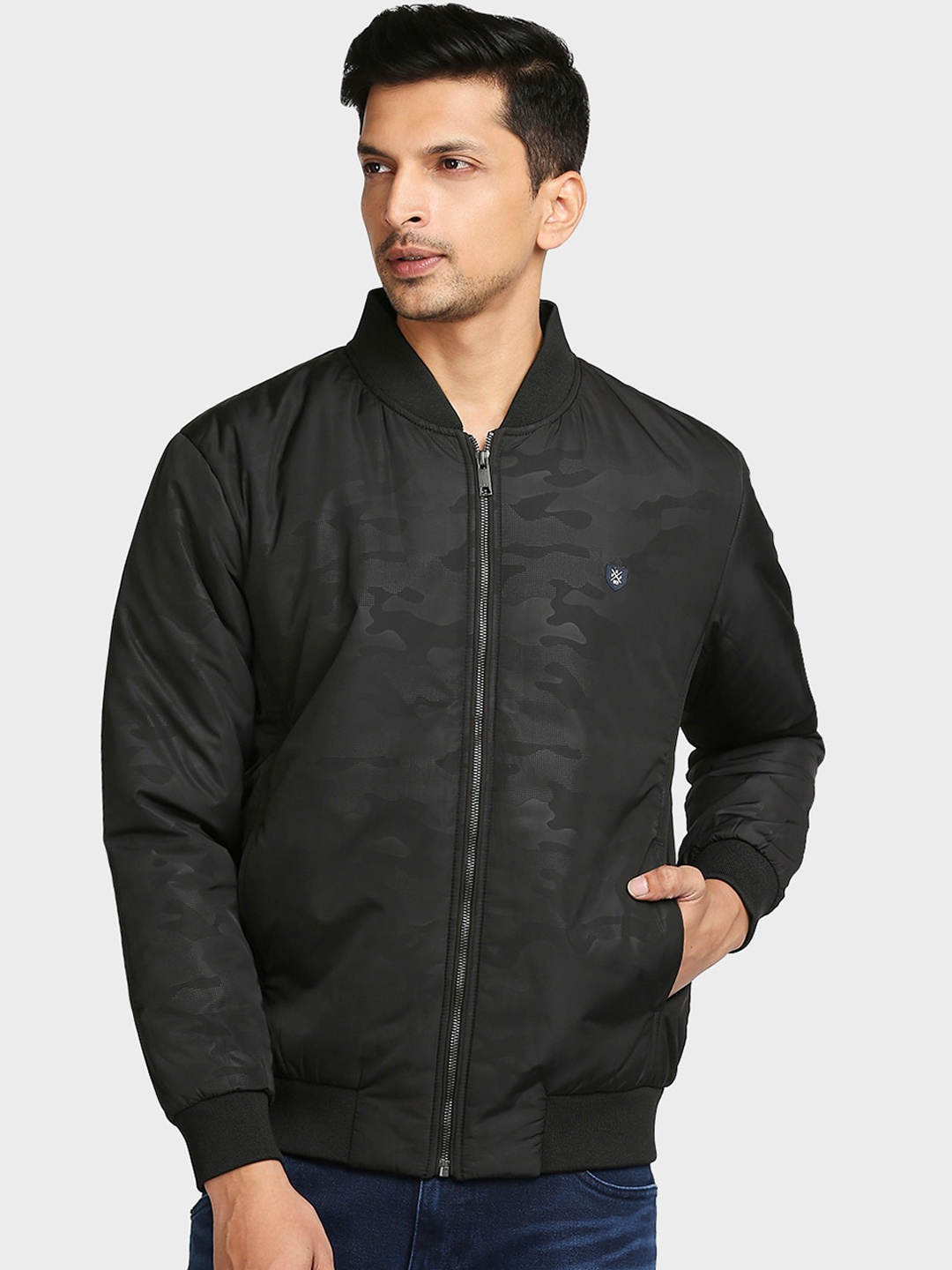 

ColorPlus Men Black Camouflage Printed Cotton Bomber Jacket