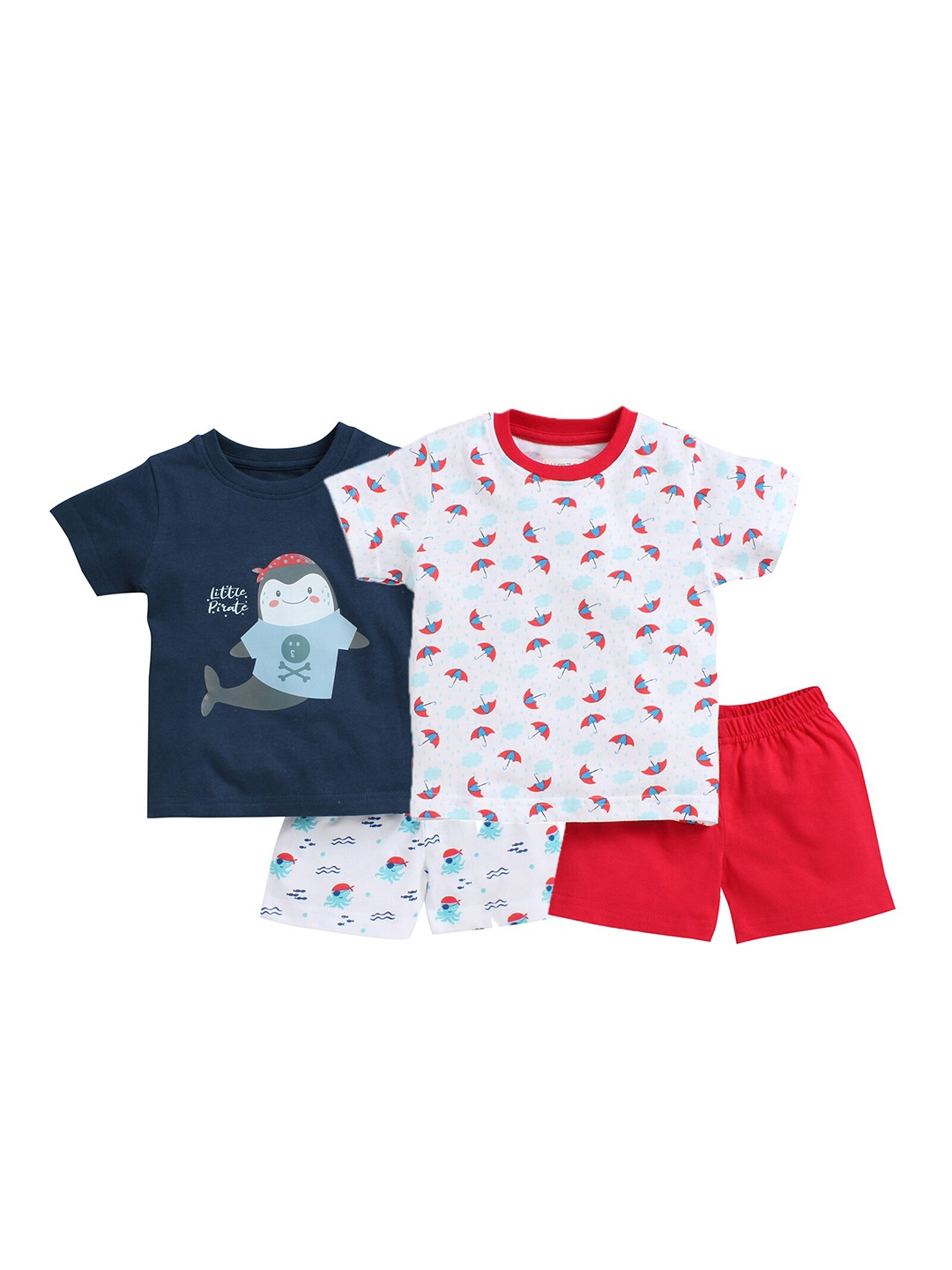 

BUMZEE Boys Pack of 2 Navy Blue & White Printed Pure Cotton T-shirt with Shorts