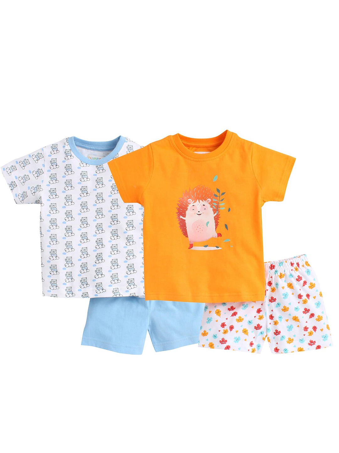 

BUMZEE Boys Pack Of 2 Blue & Orange Printed Pure Cotton T-shirt with Shorts