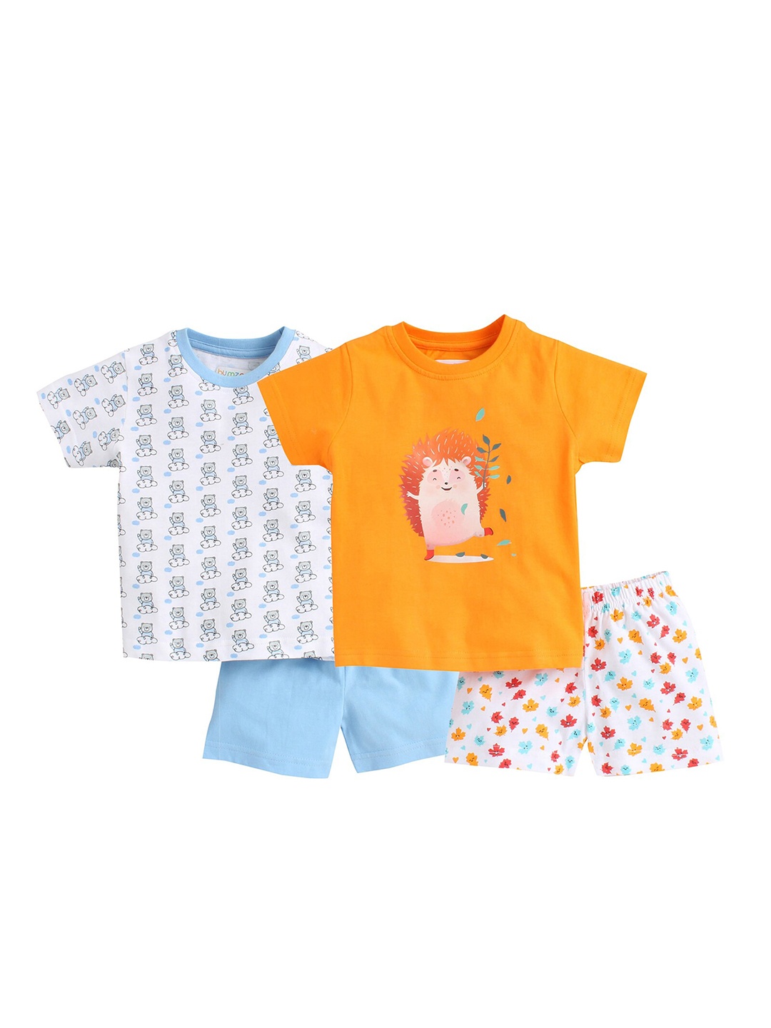 

BUMZEE Boys Pack Of 2 Blue & Orange Printed Pure Cotton T-shirt with Shorts