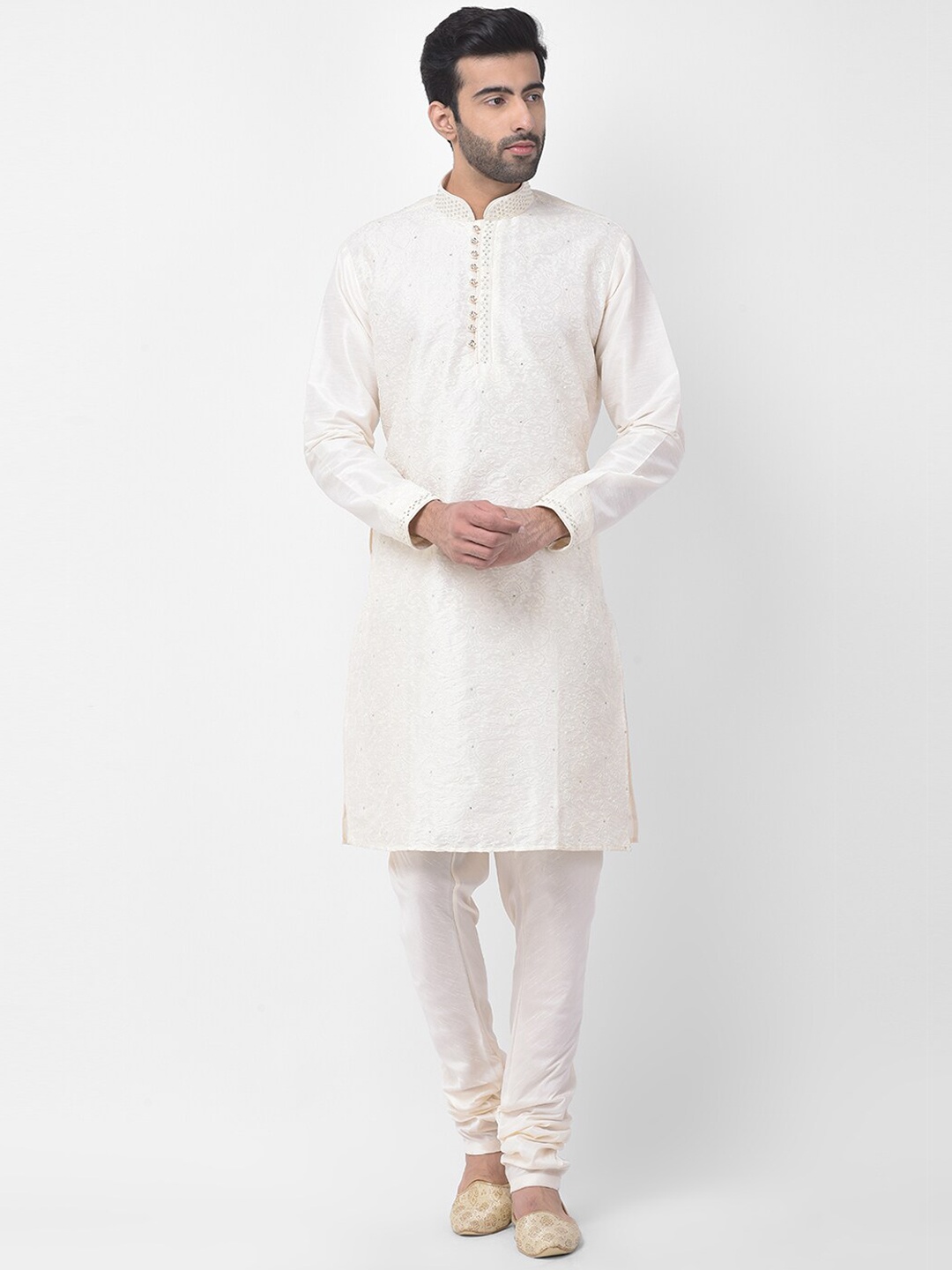 

SG LEMAN Men Cream-Coloured Floral Embroidered Thread Work Dupion Silk Kurta with Pyjamas